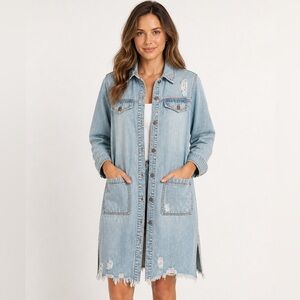 Light Wash Denim Shacket Dress with Distressed Hem